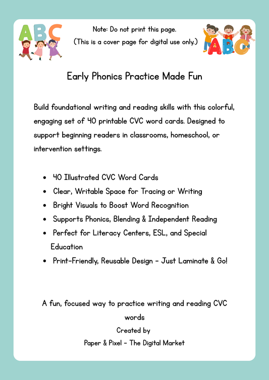 🔤 CVC Word Cards – 40 Illustrated Flashcards for Early Readers