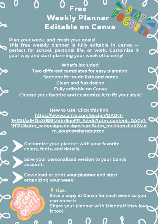 ✨ Free Weekly Planner Template (Editable in Canva)